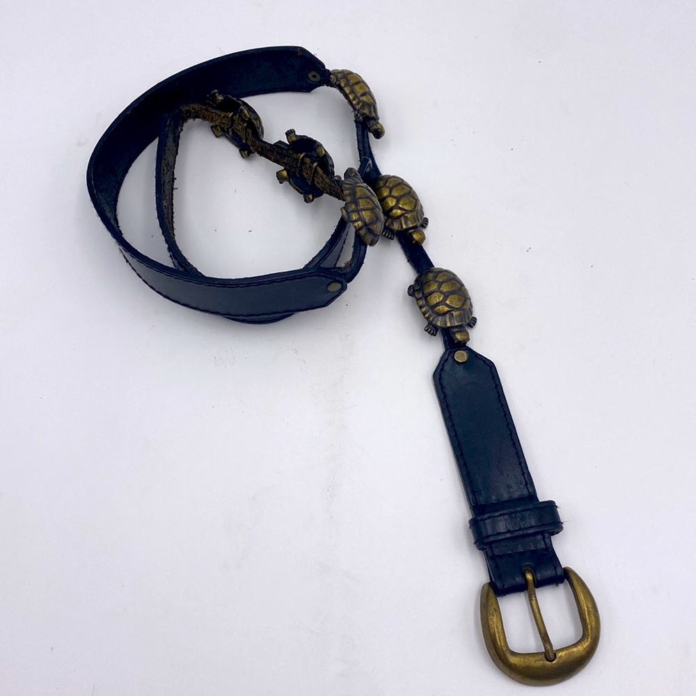 Vintage Black Leather Belt w/ 3D Metal Turtles Boho Witchy Goblin